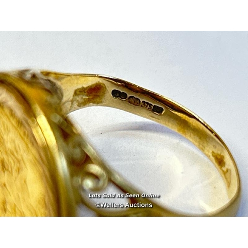 336 - Gold sovereign ring. 1982 sovereign in hallmarked 9ct gold ring, size Y. Gross weight 9.53g / SF