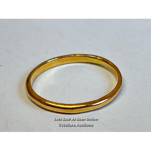 337 - Wedding band, hallmarked rubbed, acid tests as 22ct gold, ring size Q. Gross weight 2.32g