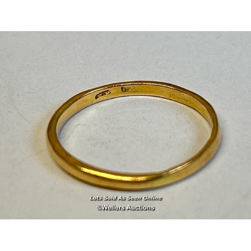 337 - Wedding band, hallmarked rubbed, acid tests as 22ct gold, ring size Q. Gross weight 2.32g