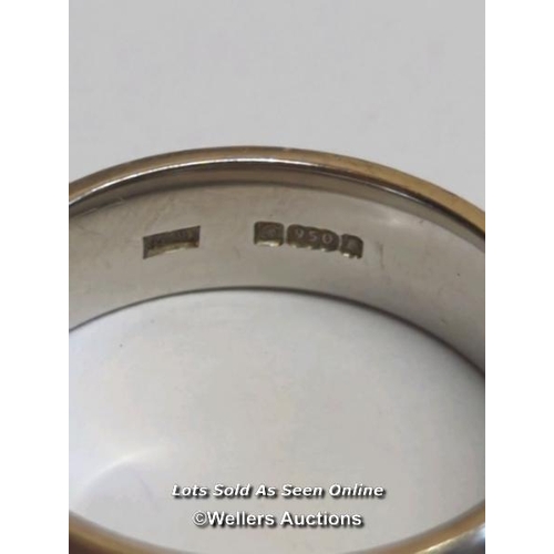 340 - Palladium wedding ring, size Q, width 6mm, gross weight 7.35g / SF