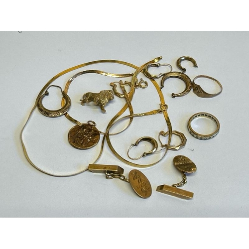 361 - 9ct gold assorted items, comprising a lion charm, cufflinks, heart shaped signet ring, loop earings ... 