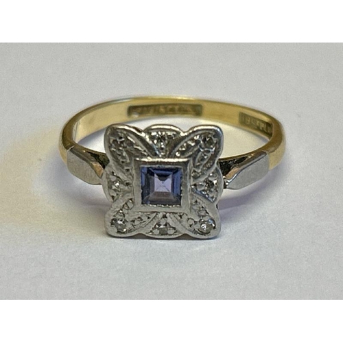 363 - Square sapphire and diamond plaque style ring stamped Bravingtons 18ct and Plat. Ring size L, gross ... 