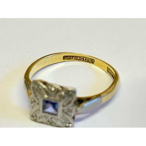 363 - Square sapphire and diamond plaque style ring stamped Bravingtons 18ct and Plat. Ring size L, gross ... 