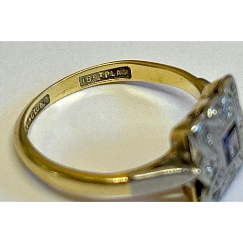 363 - Square sapphire and diamond plaque style ring stamped Bravingtons 18ct and Plat. Ring size L, gross ... 