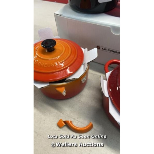 7023 - LE CREUSET STONEWARE PETITE CASSEROLE SET , 200 ML / APPEARS NEW / HANDLE BROKEN ON ONE / SEE IMAGES... 