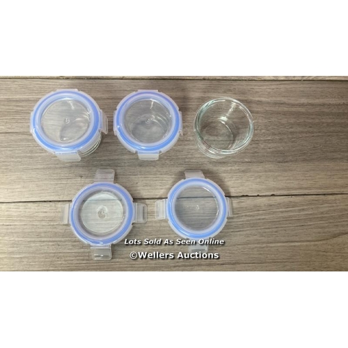 7027 - ABL001 8 PIECE GLASS STORAGE, 144 ML, SET OF 4 CONTAINERS WITH BLUE LIDS / NEW WITH ONE SPARE LID / ... 