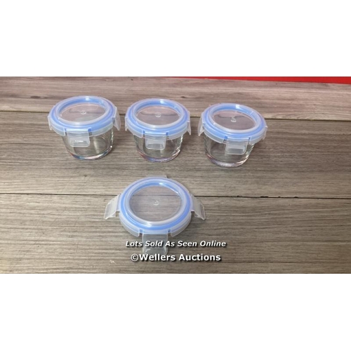 7027 - ABL001 8 PIECE GLASS STORAGE, 144 ML, SET OF 4 CONTAINERS WITH BLUE LIDS / NEW WITH ONE SPARE LID / ... 