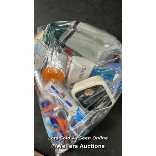 7476 - BAG OF NEW MEDICATION, THERMOMETER AND FIRST AID KIT