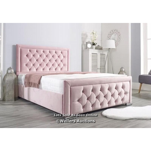 105 - PONTMAIN UPHOLSTERED BED FRAME (PINK) HEAD AND FOOT BOARD ONLY) / APPEARS TO BE NEW, OPEN BOX / SEE ... 