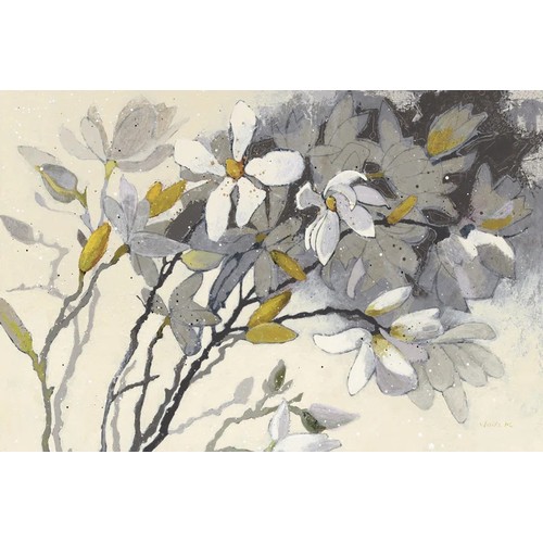 26 - ROSALIND WHEELER MAGNOLIAS YELLOW GRAY BY SHIRLEY NOVAK WRAPPED CANVAS PAINTING / SIZE: 61CM H X 91C... 