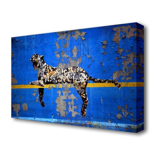 71 - EAST URBAN HOME BLUE LEOPARD BANKSY GRAPHIC PRINT / SIZE: 66 CM H X 101.6 CM W / RRP: £50.99 / APPEA... 