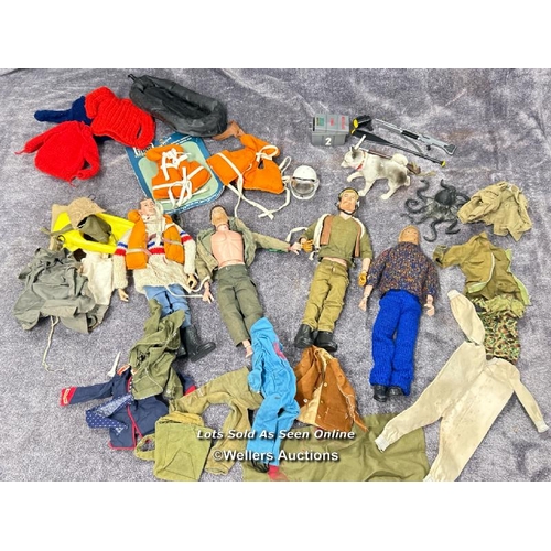 61 - Four 1960's Action Man figures, with clothing and accessories including Husky Dog and Octopuss, all ... 