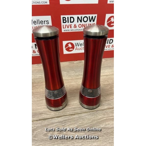 1037 - MORPHY RICHARDS ACCENTS ELECTRONIC SALT AND PEPPER MILL SET, STAINLESS STEEL, RED / A9