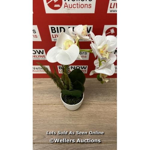 1054 - ARTIFICIAL WHITE ORCHID FLOWER IN POT / APPEARS NEW /  SEE IMAGES / A10A