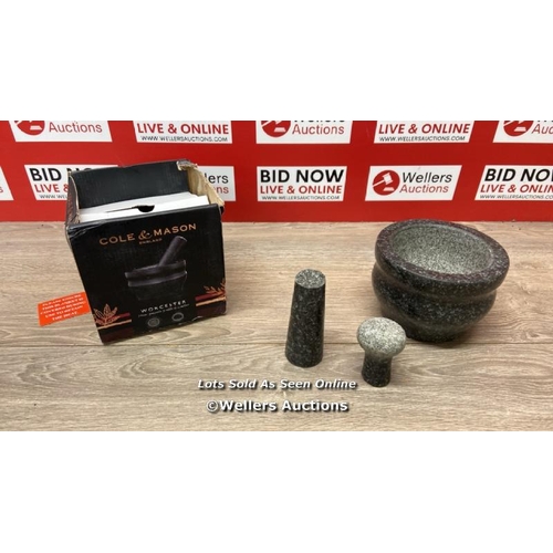 1065 - COLE & MASON WORCESTER SMALL BLACK PESTLE AND MORTAR SET, GRANITE140 MM / APPEARS NEW / BROKEN / SEE... 