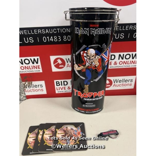 1197 - IRON MAIDEN TROOPER TIN GIFT SET BEER GLASS BEER BOTTLE X 5 BEER MATS OPENER NEW  / D19