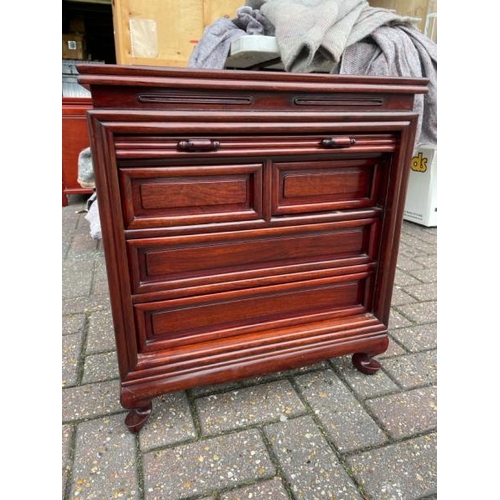 19 - A MODERN CHINES STYLE MAHOGANY FOUR DRAWER CABINET WITH ROLLER SHUTTER FRONT, 56CM  HIGH X 51CM WIDE... 