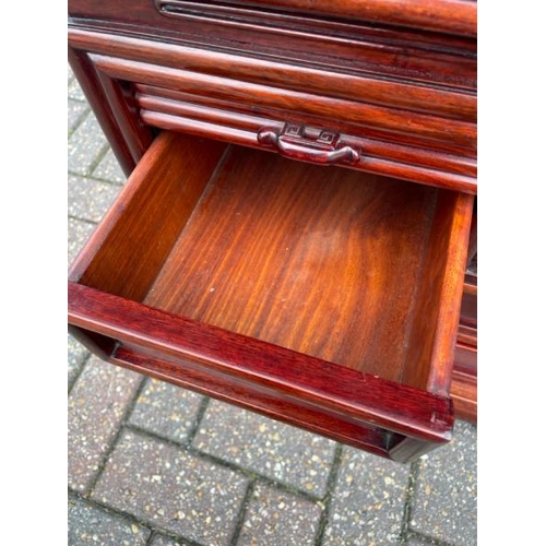 19 - A MODERN CHINES STYLE MAHOGANY FOUR DRAWER CABINET WITH ROLLER SHUTTER FRONT, 56CM  HIGH X 51CM WIDE... 