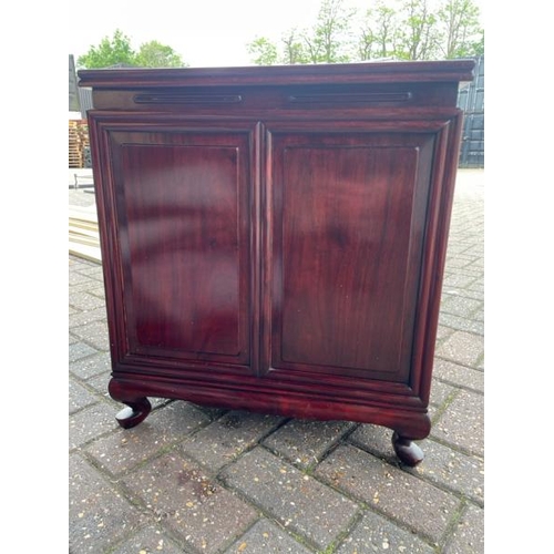 19 - A MODERN CHINES STYLE MAHOGANY FOUR DRAWER CABINET WITH ROLLER SHUTTER FRONT, 56CM  HIGH X 51CM WIDE... 