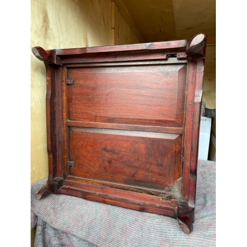 19 - A MODERN CHINES STYLE MAHOGANY FOUR DRAWER CABINET WITH ROLLER SHUTTER FRONT, 56CM  HIGH X 51CM WIDE... 