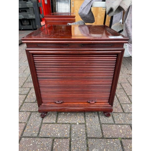 19 - A MODERN CHINES STYLE MAHOGANY FOUR DRAWER CABINET WITH ROLLER SHUTTER FRONT, 56CM  HIGH X 51CM WIDE... 