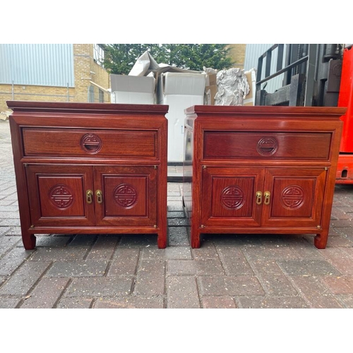 2 - PAIR OF MODERN CHINESE STYLE ROSEWOOD BEDSIDE TABLES, 56CM HIGH X 56CM WIDE X 55.5 CM DEEP / CONTAIN... 