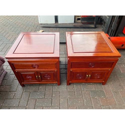 2 - PAIR OF MODERN CHINESE STYLE ROSEWOOD BEDSIDE TABLES, 56CM HIGH X 56CM WIDE X 55.5 CM DEEP / CONTAIN... 