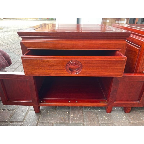 2 - PAIR OF MODERN CHINESE STYLE ROSEWOOD BEDSIDE TABLES, 56CM HIGH X 56CM WIDE X 55.5 CM DEEP / CONTAIN... 