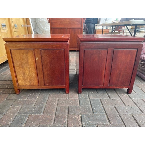 2 - PAIR OF MODERN CHINESE STYLE ROSEWOOD BEDSIDE TABLES, 56CM HIGH X 56CM WIDE X 55.5 CM DEEP / CONTAIN... 