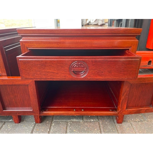 2 - PAIR OF MODERN CHINESE STYLE ROSEWOOD BEDSIDE TABLES, 56CM HIGH X 56CM WIDE X 55.5 CM DEEP / CONTAIN... 