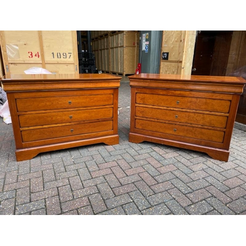 31 - A PAIR OF FRENCH MADE WALLNUT  CHESTS WITH THREE LARGE DRAWERS AND ONE DOCUMENT DRAWER, BOTH WITH TW... 