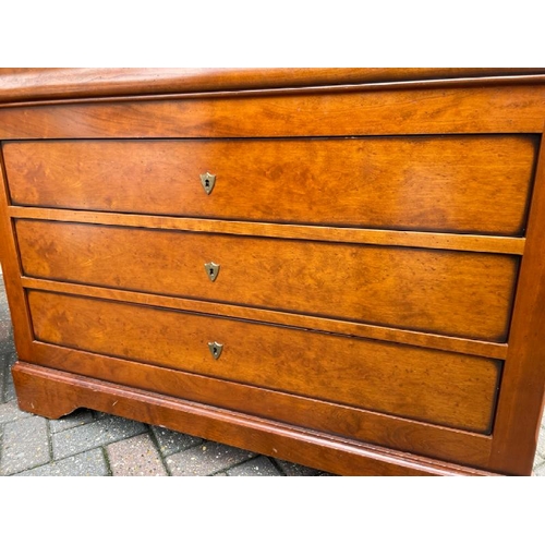 31 - A PAIR OF FRENCH MADE WALLNUT  CHESTS WITH THREE LARGE DRAWERS AND ONE DOCUMENT DRAWER, BOTH WITH TW... 