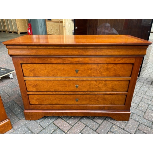 31 - A PAIR OF FRENCH MADE WALLNUT  CHESTS WITH THREE LARGE DRAWERS AND ONE DOCUMENT DRAWER, BOTH WITH TW... 