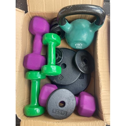 37 - ADJUSTABLE GYM BENCH AND SELECTION OF WEIGHTS / CONTAINER NO: 110343