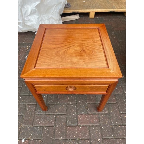 4 - A MODERN CHINESE STYLE ROSEWOOD SIDE TABLE WITH ONE DRAWER, WOOD FADED, 59CM HIGH X 55.5CM WIDE X 56... 