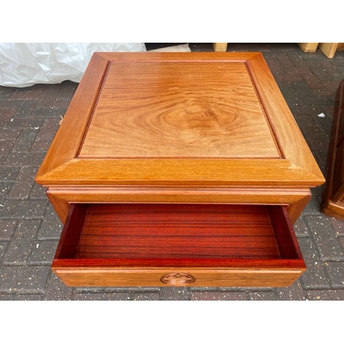 4 - A MODERN CHINESE STYLE ROSEWOOD SIDE TABLE WITH ONE DRAWER, WOOD FADED, 59CM HIGH X 55.5CM WIDE X 56... 