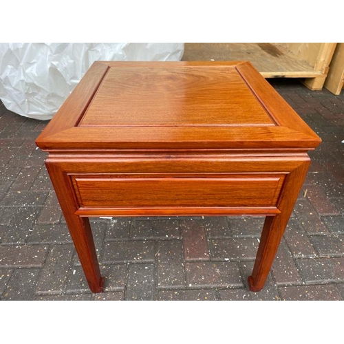 4 - A MODERN CHINESE STYLE ROSEWOOD SIDE TABLE WITH ONE DRAWER, WOOD FADED, 59CM HIGH X 55.5CM WIDE X 56... 