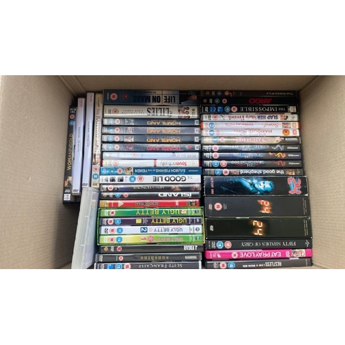 43 - BOX CONTAINING LG BLU-RAY PLAYER, YOUVIEW RECIEVER, CABLES, REMOTES AND SELECTION OF DVD'S / CONTAIN... 