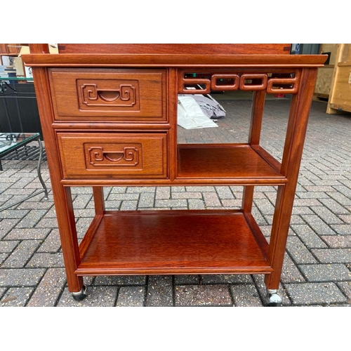 5 - A MODERN CHINESE STYLE ROSEWOOD DRINKS TROLLY , 90CM HIGH X 75CM WIDE X 45CM DEEP / CONTAINER NO:  2... 