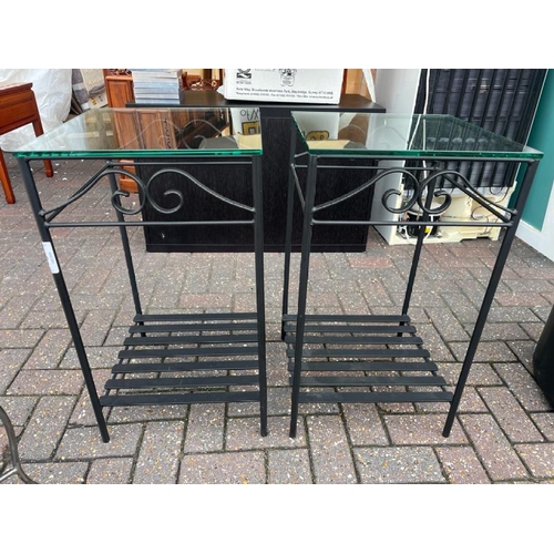 8 - PAIR OF METAL FRAMED GLASS TOP HALLWAY TABLES,70CM HIGH X 40CM WIDE X 40CM DEEP  / CONTAINER NO: 270... 