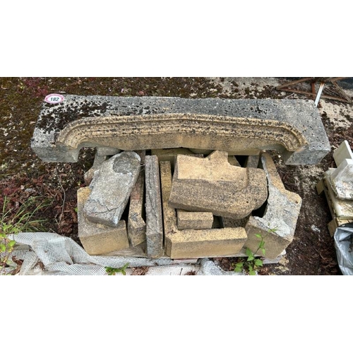 182 - STONE FIREPLACE MANTLE AND COMPONENTS, THE MANTLE 159CM (W) X 36CM (H) X 20CM (D)