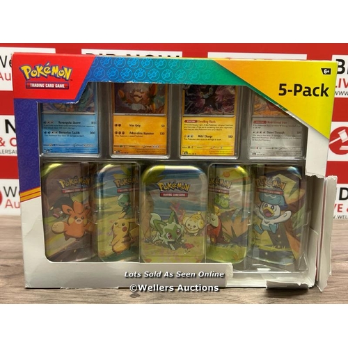 8012 - POKEMON 5 PACK MINI TINS & 4 PROMO CARDS / APPEARS NEW DAMAGED BOX / T12