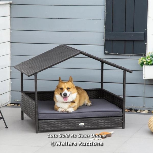 8216 - PAWHUT RATTAN DOG HOUSE, ELEVATED WICKER PET BED LOUNGE WITH REMOVABLE CUSHION AND CANOPY, FOR SMALL... 