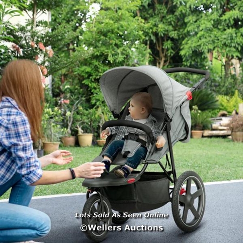 8252 - HOMCOM FOLDABLE THREE-WHEELER BABY STROLLER W/ CANOPY, STORAGE BASKET - GREY / APPEARS NEW, OPEN BOX... 