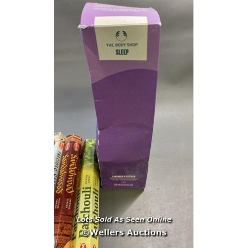 9555 - X1 HEM WHITE SAGE INCENSE STICKS, X1 WHIT MUSK & WARM VANILLA DIFFUSER, X1 THE BODY SHOP LAVENDER & ... 