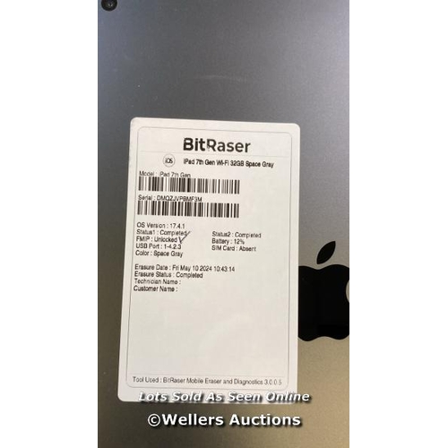 9716 - APPLE IPAD / 7TH GEN / A2197 / 32GB / SERIAL: DMQZJVPBMF3M / I-CLOUD ACTIVATION UNLOCKED / RESTORED ... 