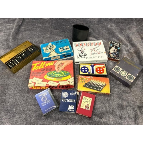 63 - Assorted travel games and playing cards including Master Mind, Tell Me, Dominos and Lotto - Puzzle, ... 