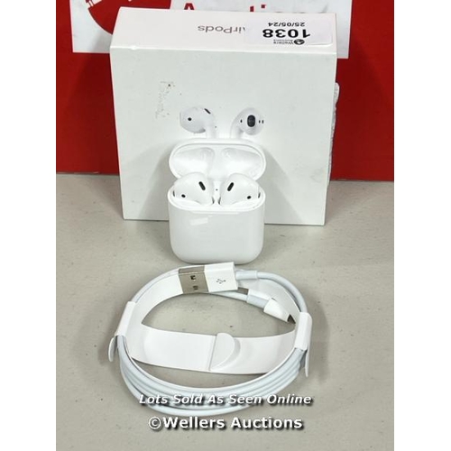 1038 - APPLE AIRPODS / 2ND GEN / WITH CHARGING CASE / MV7N2ZMA / NO POWER / SIGNS OF USE / WITH CHARGER / S... 