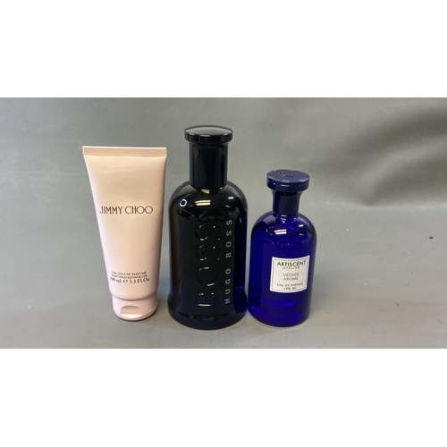 9690 - X1 JIMMY CHOO PERFUMED SHOWER GEL 100ML, X1 HUGO BOSS EAU DE TOILETTE 200ML AND X1 ARTISCENT ATELLIE... 