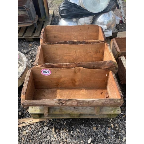 1021 - THREE WOODEN PLANTERS, 34CM (H) X 88CM (W) X 35CM (D) / ALL LOTS ARE LOCATED IN SL0 9LG, REGRETFULLY... 